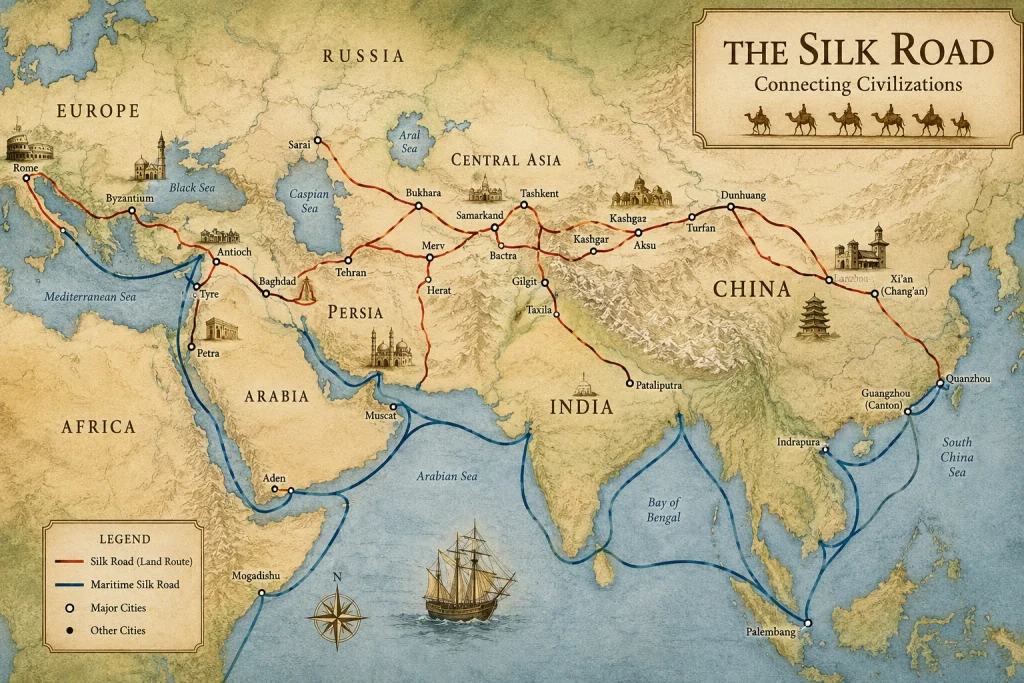 Ancient trade routes and Silk Route History map