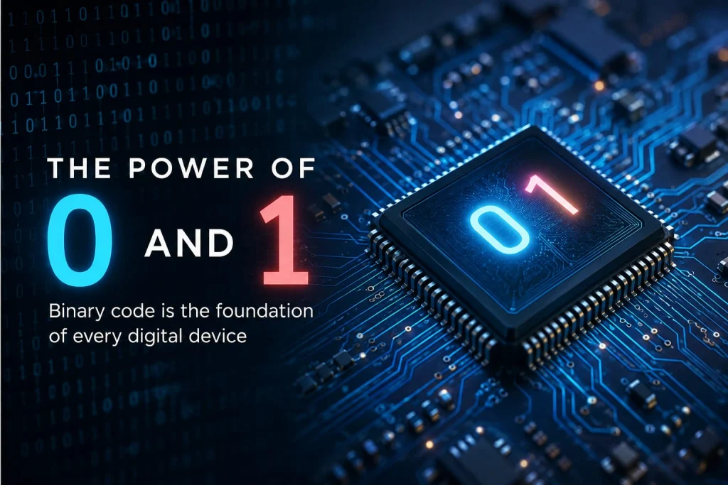 Conceptual diagram explaining how binary code works using electrical on and off states