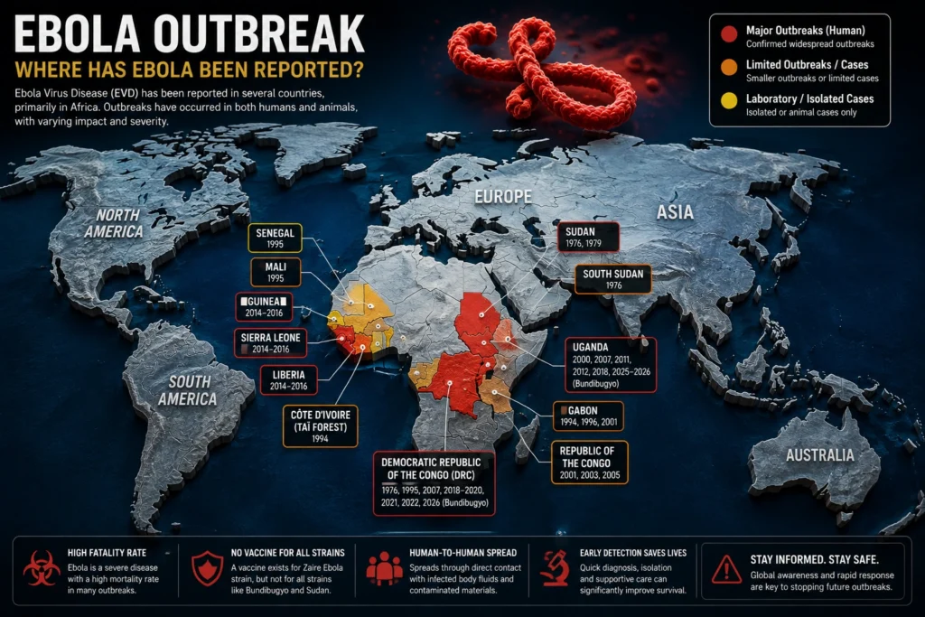 Scientific illustration of the Ebola virus with healthcare workers responding to an outbreak.