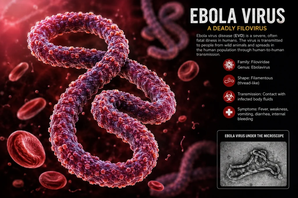Scientific illustration of the Ebola virus with healthcare workers responding to an outbreak.