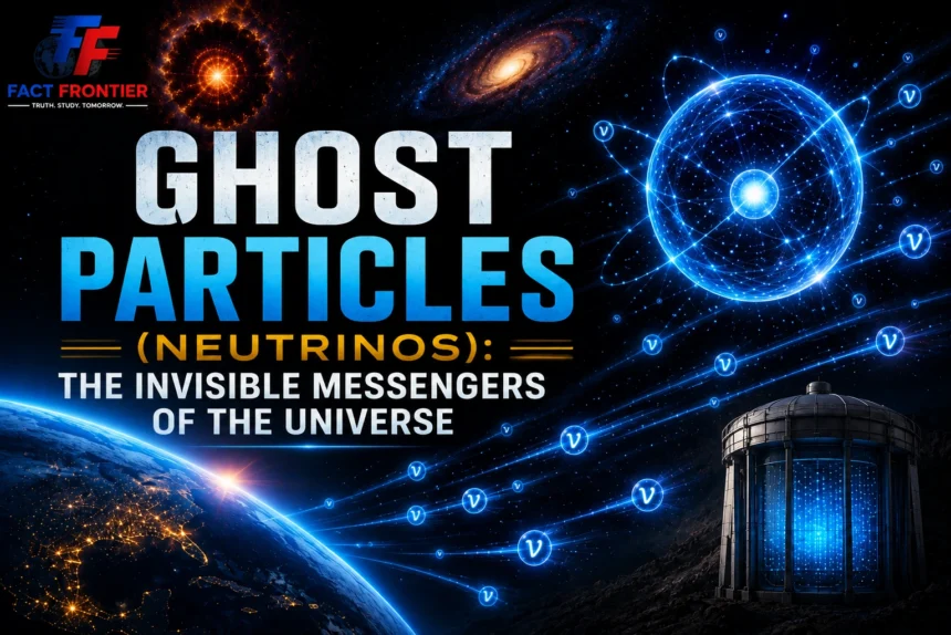 Ghost Particles (Neutrinos) traveling through space representing the invisible messengers of the universe.
