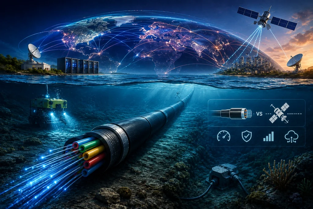 submarine internet cables resting on the deep ocean floor carrying global fiber-optic internet traffic