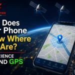 Illustration showing GPS satellites in orbit sending radio timing signals to a smartphone navigation map displaying a location pin.