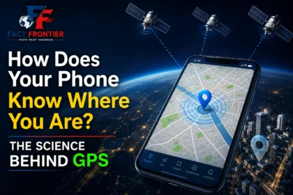 Illustration showing GPS satellites in orbit sending radio timing signals to a smartphone navigation map displaying a location pin.