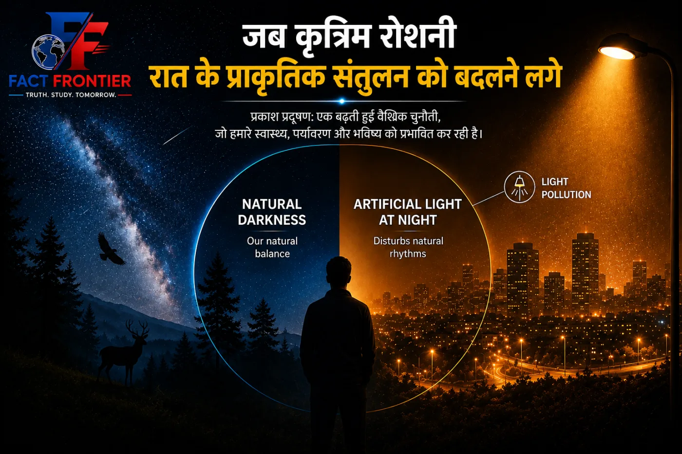 शहर के ऊपर तीव्र प्रकाश प्रदूषण और स्काईग्लो का रात का दृश्य