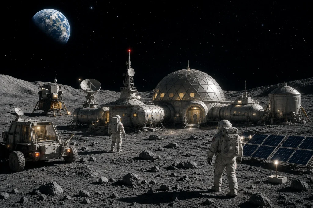 NASA Moon Base Programme lunar outpost illustration at the south pole