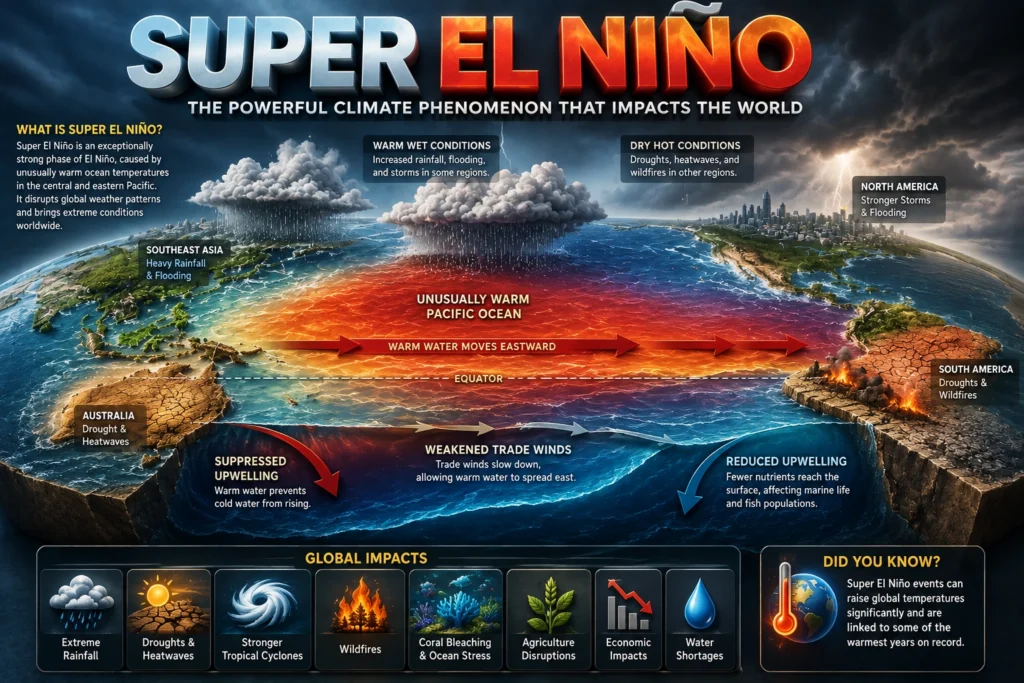 3D illustration showing Super El Niño warming the Pacific Ocean and influencing global weather patterns.