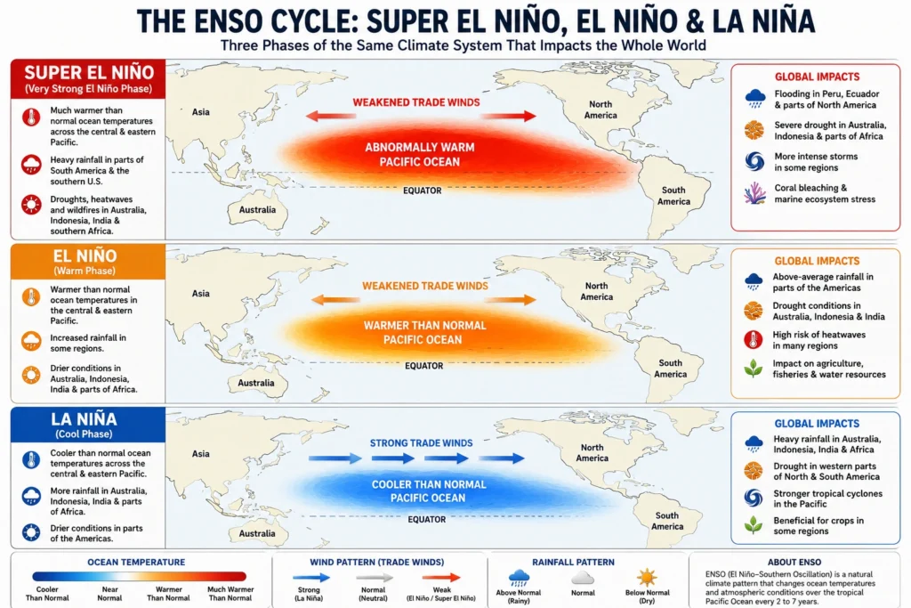 3D illustration showing Super El Niño warming the Pacific Ocean and influencing global weather patterns.