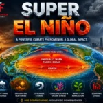 3D illustration showing Super El Niño warming the Pacific Ocean and influencing global weather patterns.