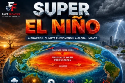 3D illustration showing Super El Niño warming the Pacific Ocean and influencing global weather patterns.