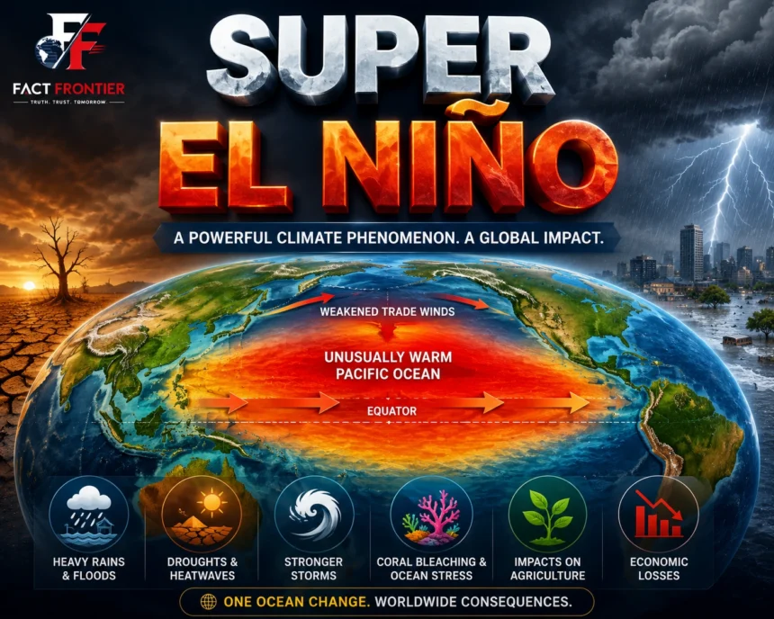 3D illustration showing Super El Niño warming the Pacific Ocean and influencing global weather patterns.