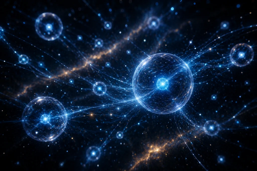 Ghost Particles (Neutrinos) traveling through space representing the invisible messengers of the universe.