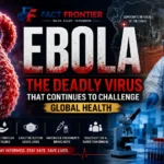 Scientific illustration of the Ebola virus with healthcare workers responding to an outbreak.