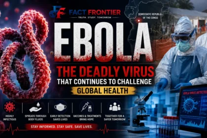Scientific illustration of the Ebola virus with healthcare workers responding to an outbreak.