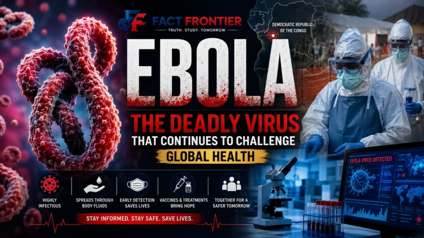 Scientific illustration of the Ebola virus with healthcare workers responding to an outbreak.