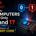 Glowing blue and green binary code matrix representing digital data processing on a computer chip