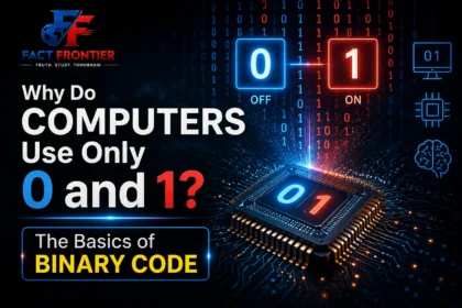 Glowing blue and green binary code matrix representing digital data processing on a computer chip
