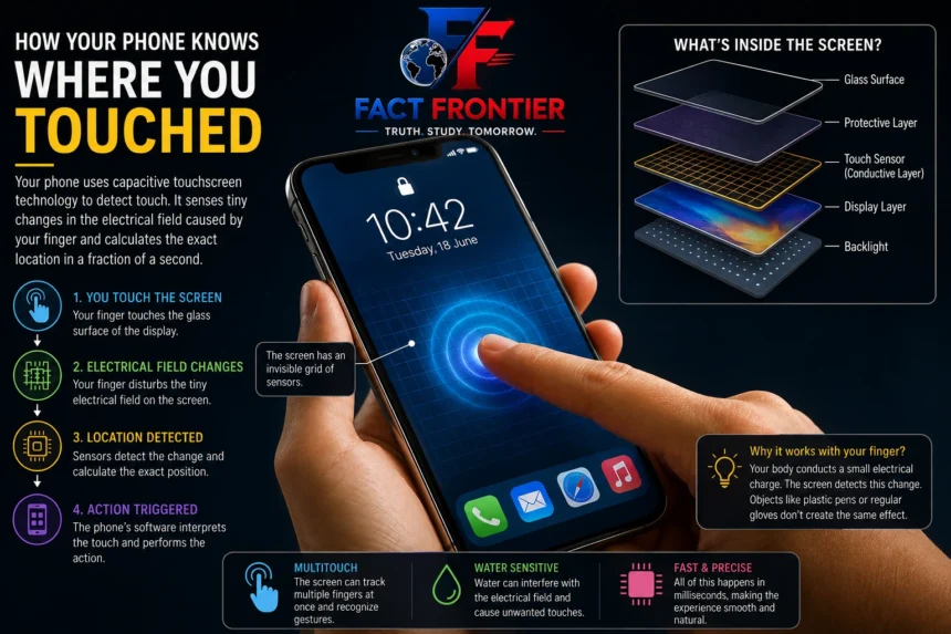 Close-up of a human finger tapping a glowing smartphone glass screen.