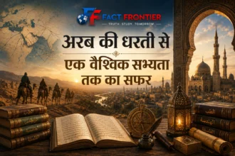 अरब के रेगिस्तान से वैश्विक इस्लामी सभ्यता के विस्तार को दर्शाता ऐतिहासिक दृश्य