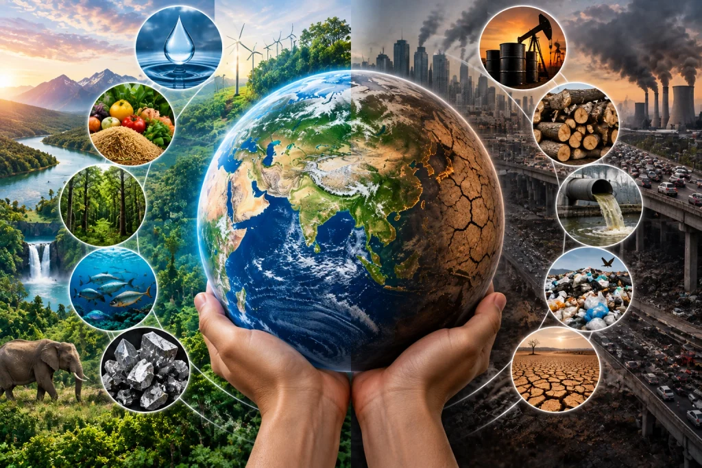 Overpopulation impact on earth and global natural resources concept