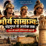 मगध में मौर्य साम्राज्य की स्थापना करते चंद्रगुप्त मौर्य और उनके मार्गदर्शक आचार्य चाणक्य का कलात्मक चित्रण