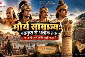 मगध में मौर्य साम्राज्य की स्थापना करते चंद्रगुप्त मौर्य और उनके मार्गदर्शक आचार्य चाणक्य का कलात्मक चित्रण