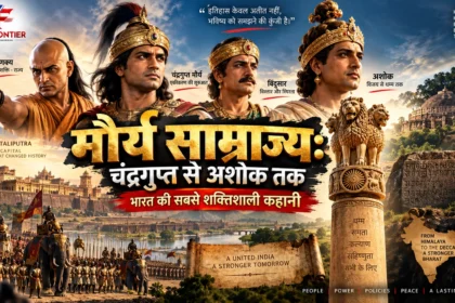 मगध में मौर्य साम्राज्य की स्थापना करते चंद्रगुप्त मौर्य और उनके मार्गदर्शक आचार्य चाणक्य का कलात्मक चित्रण