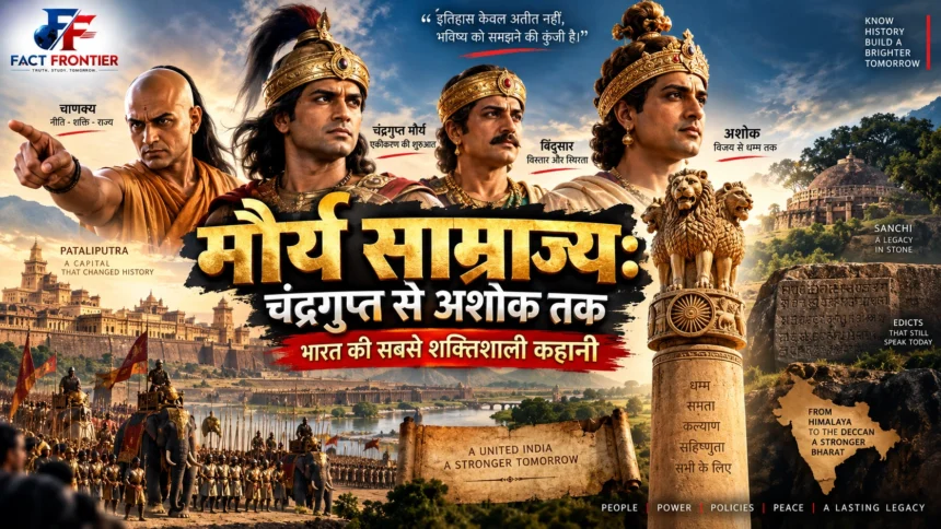 मगध में मौर्य साम्राज्य की स्थापना करते चंद्रगुप्त मौर्य और उनके मार्गदर्शक आचार्य चाणक्य का कलात्मक चित्रण