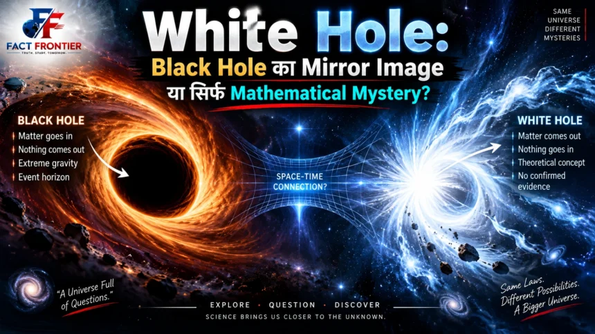 Cosmic comparison of a dark gravitational black hole pulling matter alongside a bright theoretical white hole expelling light
