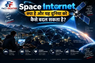 Space internet diagram showing LEO satellite constellation orbiting Earth and connecting to ground stations