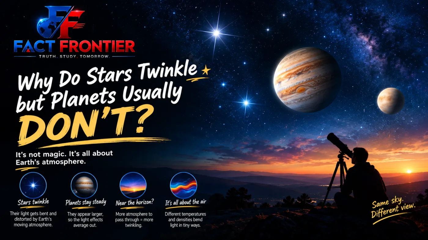 Why do stars twinkle but planets usually don’t? Astronomy illustration showing stars, planets, Earth’s atmosphere, and a telescope with Fact Frontier branding.