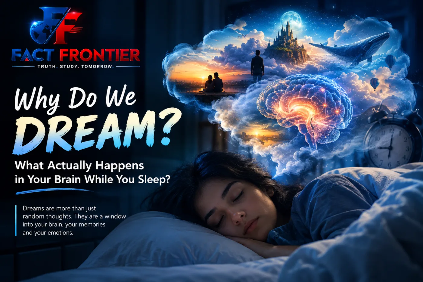 A glowing human brain illustrating REM sleep activity and dreaming, exploring the scientific question of why do we dream.