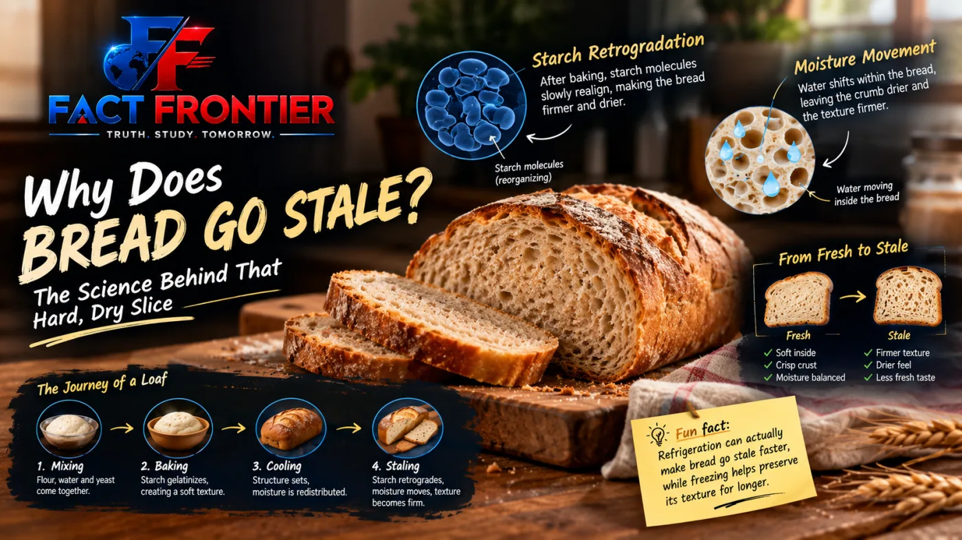 Infographic explaining why bread goes stale, showing starch retrogradation, moisture movement, and changes from fresh to stale bread.