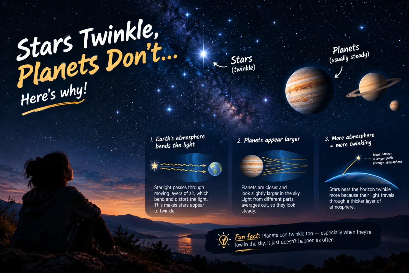 Illustration explaining why stars twinkle while planets usually appear steady due to Earth’s atmospheric turbulence.